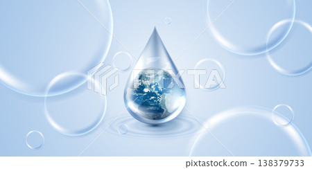 Transparent water drop containing planet Earth globe surrounded by floating bubbles on blue ripple background. Concept of environmental conservation, ecology, saving pure water, and global protection. Transparent water drop containing planet Earth globe surrounded by floating bubbles on blue ripple background. Concept of environmental conservation, ecology, saving pure water, and global protection. 138379733
