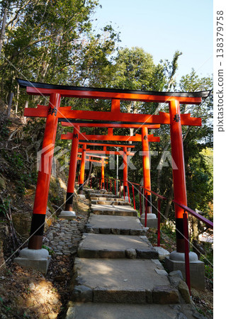 Vermilion torii gates line the approach to the shrine. Vermilion torii gates line the approach to the shrine. 138379758