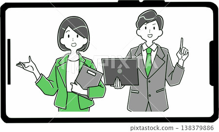 Male and female business professionals appear on a smartphone screen during an online consultation. Male and female business professionals appear on a smartphone screen during an online consultation. 138379886