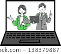 一位男性和一位女性商務人士正在遠端會議中透過筆記型電腦螢幕進行講解。 138379887