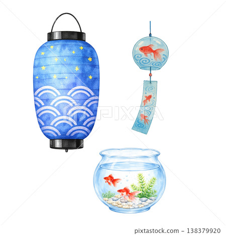 水彩插畫，描繪了紙燈籠、風鈴和金魚缸。充滿夏日日式風格的裝飾元素。清新可愛的手繪設計。 138379920