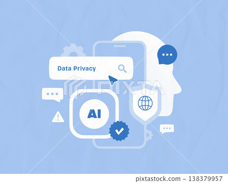 AI data privacy compliance, ethical personal information protection shield. Trustworthy AI governance concept, secure user data privacy processing framework, modern organic vector illustration 138379957
