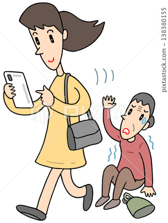 Smartphone-related illustrations - smartphones, walking while using a smartphone, requesting assistance, overlooking something. Smartphone-related illustrations - smartphones, walking while using a smartphone, requesting assistance, overlooking something. 138380155