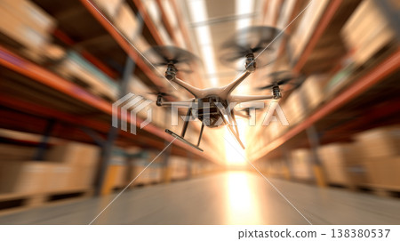 Drone delivery warehouse logistics speed motion blur sunset 138380537