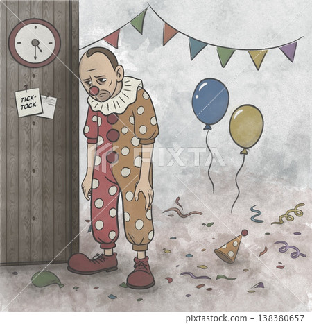 Sad Clown After Party, Deflated Balloons and Confetti 138380657