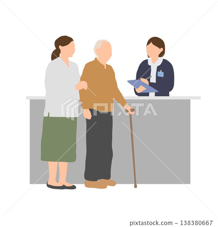 在醫療接待處,一位老人和他們的家人正在接受諮詢:一位陪同人員在醫療接待處提供協助。 在醫療接待處,一位老人和他們的家人正在接受諮詢:一位陪同人員在醫療接待處提供協助。 138380667