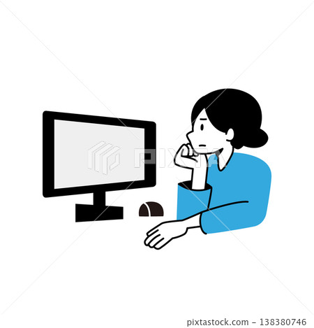 Vector illustration of a woman thinking while looking at a computer. Vector illustration of a woman thinking while looking at a computer. 138380746