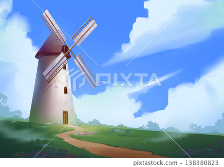 Charming Windmill on a Green Hill Under Blue Sky 138380823