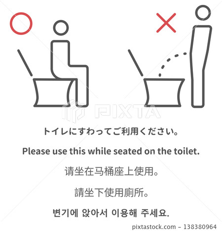 Request to use the toilet while seated (multilingual warning sign) Request to use the toilet while seated (multilingual warning sign) 138380964