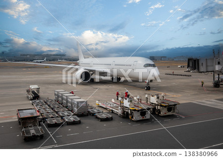 The plane loads its cargo and heads towards the runway. The plane loads its cargo and heads towards the runway. 138380966