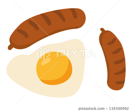 A colorful illustration of sausages and a fried egg. A colorful illustration of sausages and a fried egg. 138380992