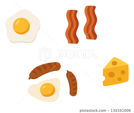 Colorful illustration of a hearty breakfast with eggs, bacon, and cheese. 138381006