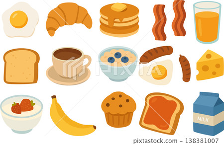 A colorful assortment of breakfast foods including eggs, pancakes, and fruits. A colorful assortment of breakfast foods including eggs, pancakes, and fruits. 138381007