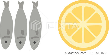 Minimal icon showing three sardines and a lemon slice. Simple seafood illustration perfect for restaurant menus, fish packaging, and culinary graphics. Vector illustration Minimal icon showing three sardines and a lemon slice. Simple seafood illustration perfect for restaurant menus, fish packaging, and culinary graphics. Vector illustration 138381022