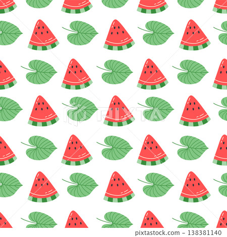 Watermelon slice and leaf seamless pattern cute cartoon tropical style fruit foliage background for summer textile and wrapping paper design 138381140