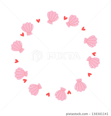 Pink shell frame vector cute cartoon style with heart nautical circular wreath for baby shower and feminine card design 138381141