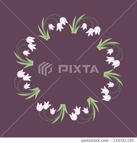 Delicate snowdrop flower wreath in flat pastel style. Circular floral frame perfect for invitations, wedding cards, spring designs, and decorative compositions. Delicate snowdrop flower wreath in flat pastel style. Circular floral frame perfect for invitations, wedding cards, spring designs, and decorative compositions. 138381195