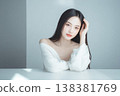 Table and a translucent female beauty portrait; product placement image for product shots. 138381769