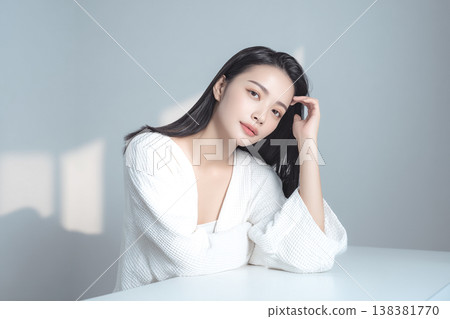 Table and a translucent female beauty portrait; product placement image for product shots. Table and a translucent female beauty portrait; product placement image for product shots. 138381770