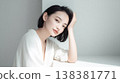 Table and a translucent female beauty portrait; product placement image for product shots. 138381771
