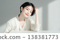Table and a translucent female beauty portrait; product placement image for product shots. 138381773