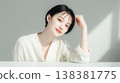 Table and a translucent female beauty portrait; product placement image for product shots. 138381775