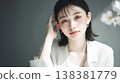 Table and a translucent female beauty portrait; product placement image for product shots. 138381779