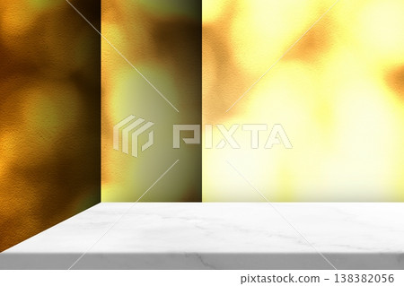 Marble Table with Light Beam and Shadow on Fortuna Gold Studio Wall Background Designed for Product Presentations. Marble Table with Light Beam and Shadow on Fortuna Gold Studio Wall Background Designed for Product Presentations. 138382056