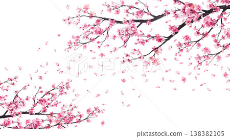 Watercolor Cherry blossom branches with falling pink sakura petals rectangular frame. Hand drawn Asian Japanese springtime illustration isolated from background for wedding, greeting, travel cards. Watercolor Cherry blossom branches with falling pink sakura petals rectangular frame. Hand drawn Asian Japanese springtime illustration isolated from background for wedding, greeting, travel cards. 138382105