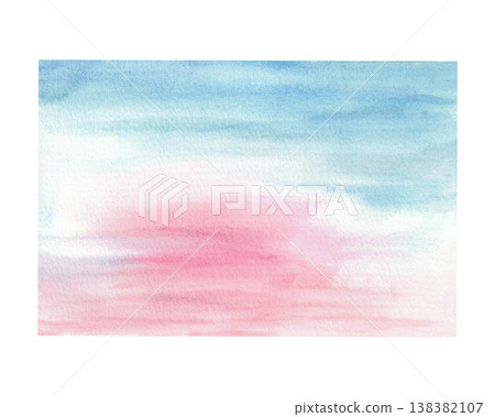 Sunset or sunrise sky watercolor background. Hand drawn realistic colorful blue, purple, red sky with clouds. Clipart for landscape design of nature card, poster, banner Isolated on white illustration Sunset or sunrise sky watercolor background. Hand drawn realistic colorful blue, purple, red sky with clouds. Clipart for landscape design of nature card, poster, banner Isolated on white illustration 138382107
