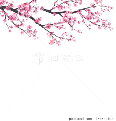 Blooming sakura branch frame. Watercolor painted Japan pink cherry tree. Hand drawn illustration.Floral asian springtime template isolated from background for Hanami festival, greeting card design. Blooming sakura branch frame. Watercolor painted Japan pink cherry tree. Hand drawn illustration.Floral asian springtime template isolated from background for Hanami festival, greeting card design. 138382108