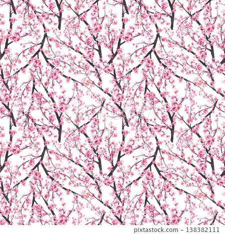 Watercolor blooming branch from sakura tree. Cherry buds and pink flowers seamless pattern Spring blossoms floral soft fabric, asian print Hand drawn isolated illustration on isolated white background Watercolor blooming branch from sakura tree. Cherry buds and pink flowers seamless pattern Spring blossoms floral soft fabric, asian print Hand drawn isolated illustration on isolated white background 138382111