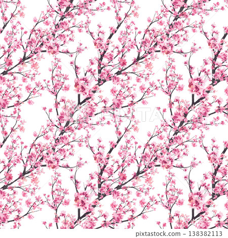 Blossoming branch from tree, sakura, cherry or apple buds and flowers seamless pattern. Spring blossoms, Asian springtime watercolor fabric design. Hand drawn isolated illustration on white background Blossoming branch from tree, sakura, cherry or apple buds and flowers seamless pattern. Spring blossoms, Asian springtime watercolor fabric design. Hand drawn isolated illustration on white background 138382113
