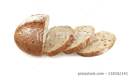Sliced Multigrain Bread Loaf With Seeds Rustic Crusty Artisan Bread On White Background 138382141