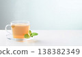 Title: Herbal tea and mint leaves poured into a glass cup 138382349