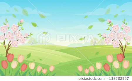 一幅以櫻花和鬱金香為特色的春日風景圖（人工智慧生成） 138382367