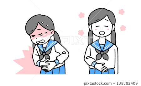 一組關於女孩胃部問題及其改善方法的插圖 | 月經、壓力、健康 138382409