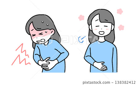女性腹部不適及其緩解方法的插圖集 | 月經、便秘、醫療保健 女性腹部不適及其緩解方法的插圖集 | 月經、便秘、醫療保健 138382412