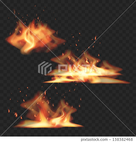 Realistic Fire Flame Set with Sparks. Vector Burning Bonfire Elements Isolated on Dark Transparent Background. Realistic Fire Flame Set with Sparks. Vector Burning Bonfire Elements Isolated on Dark Transparent Background. 138382468