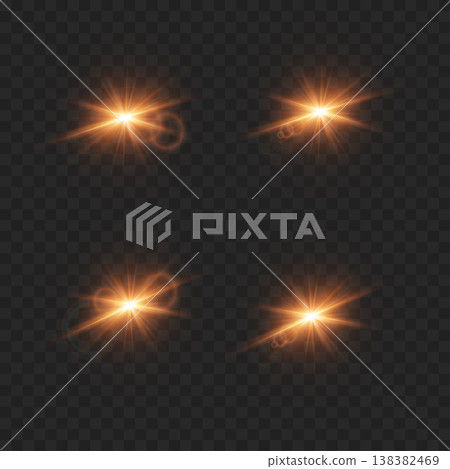Realistic Golden Orange Lens Flare Set. Vector Glowing Light Effects and Sunbursts on Transparent Background. Realistic Golden Orange Lens Flare Set. Vector Glowing Light Effects and Sunbursts on Transparent Background. 138382469