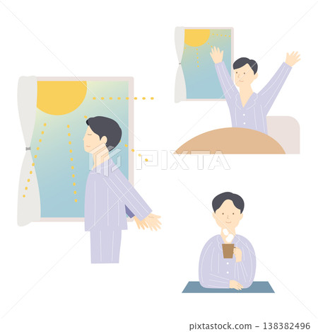 一幅描繪男性遵循健康晨間習慣的插圖。 138382496
