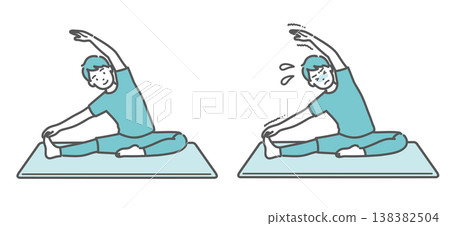 A set of illustrations comparing a man stretching with a smile and a man struggling. A set of illustrations comparing a man stretching with a smile and a man struggling. 138382504