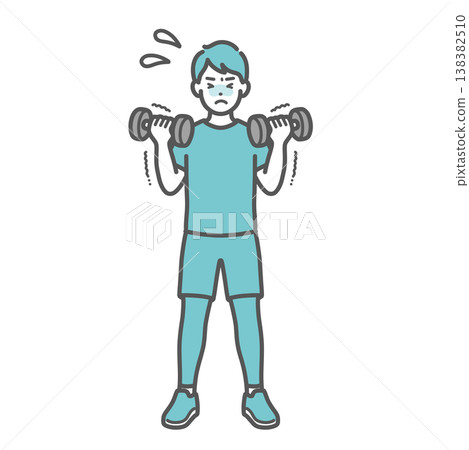 An illustration of a man struggling with dumbbell training (strength training). An illustration of a man struggling with dumbbell training (strength training). 138382510