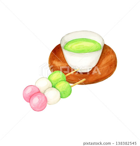 手繪水彩插圖，描繪了三色團子、綠茶和茶碟。 138382545