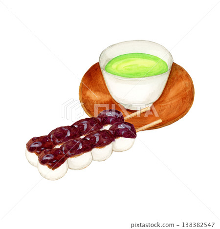 一幅手繪水彩餃子和一隻帶碟子的綠茶杯的插圖。 一幅手繪水彩餃子和一隻帶碟子的綠茶杯的插圖。 138382547