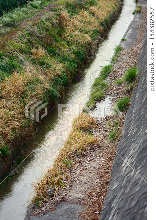Waterway flowing alongside fields Waterway flowing alongside fields 138382557