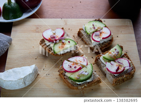 Open Sandwiches with Brie Radish and Cucumber 138382695