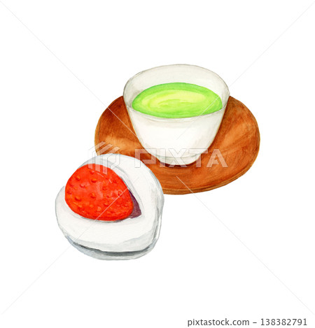 A hand-painted watercolor illustration of a strawberry daifuku and a cup of green tea with a saucer. 138382791