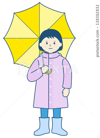 雨天，一個孩子穿著雨衣，撐著傘。 138382832