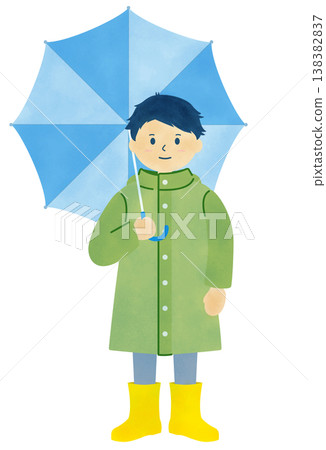 雨天兒童穿著雨衣,撐著雨傘的水彩風格插圖。 雨天兒童穿著雨衣,撐著雨傘的水彩風格插圖。 138382837